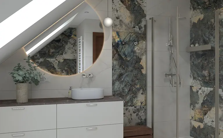 Wnętrze łazienki z okrągłym lustrem, prysznicem i minimalistycznym designem.