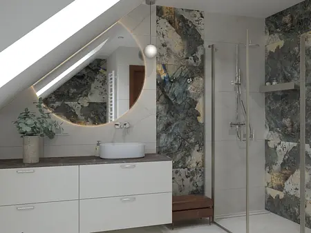 Wnętrze łazienki z okrągłym lustrem, prysznicem i minimalistycznym designem.