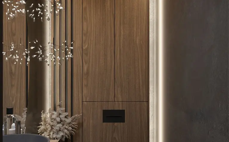 Wnętrze łazienki z drewnianymi meblami, minimalistycznym stylem i nowoczesnym oświetleniem.