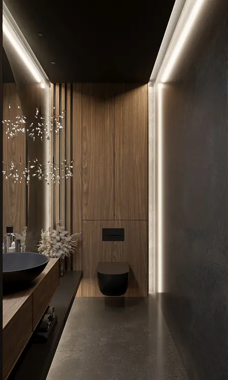 Wnętrze łazienki z drewnianymi meblami, minimalistycznym stylem i nowoczesnym oświetleniem.