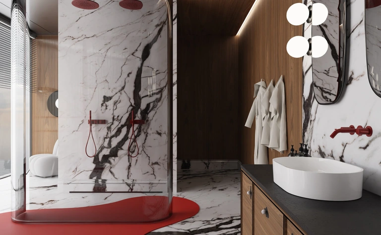 Nowoczesna łazienka z marmurowymi ścianami, drewnem i akcentami w stylu dopamine decor, eklektycznym, glamour.