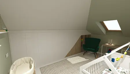 Pokój dla dzieci z białym łóżeczkiem, zielonym fotelem i jasnymi ścianami