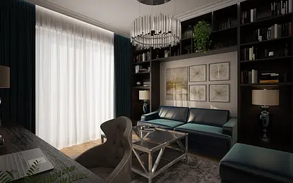 Wnętrze salonu w stylu glamour z niebieską sofą, szklanym stolikiem i nowoczesnym oświetleniem.
