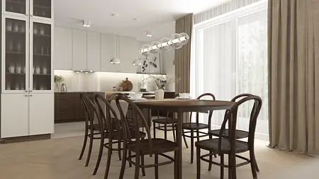 Jadalnia w stylu glamour z drewnianym stołem i minimalistycznymi krzesłami
