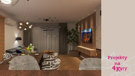 Wnętrze salonu w stylu eklektycznym z minimalistycznymi akcentami, nowoczesne oświetlenie.