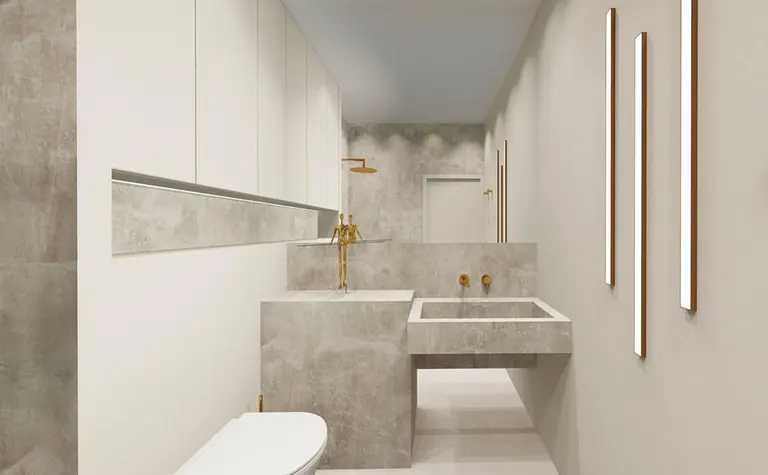 Nowoczesna łazienka w stylu boho i japandi z szarymi akcentami