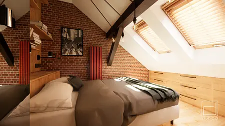 Sypialnia w stylu industrialnym z ceglaną ścianą i drewnianymi akcentami.
