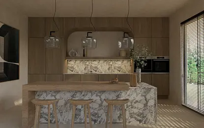 Kuchnia w stylu boho, japandi i minimalistycznym z drewnem i marmurem.