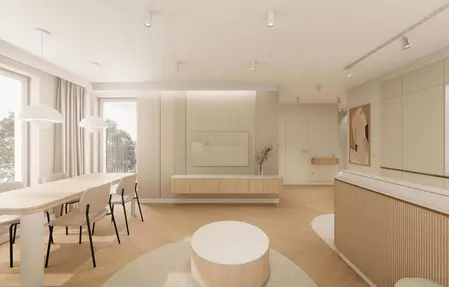 Wnętrze jadalni w stylu japandi, minimalistycznym i nowoczesnym z drewnianym stołem.