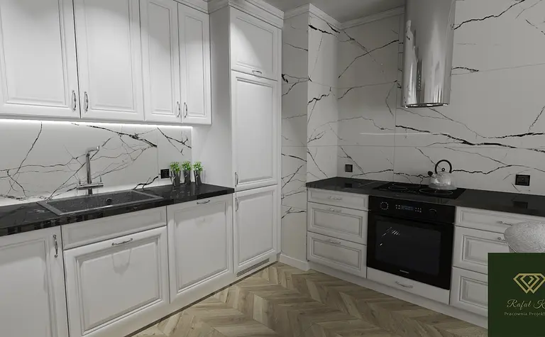 Wnętrze kuchni z białymi meblami, czarnym blatem i stylowym wykończeniem glamour.