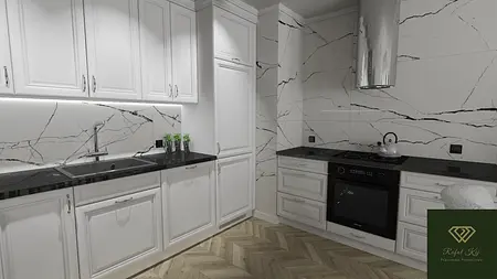 Wnętrze kuchni z białymi meblami, czarnym blatem i stylowym wykończeniem glamour.