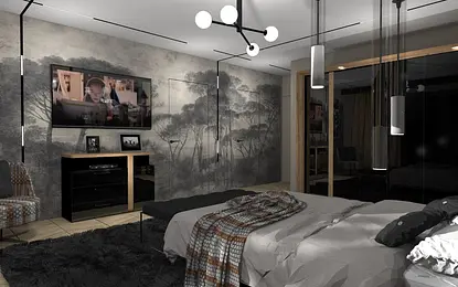 Wnętrze sypialni z telewizorem, nowoczesnymi lampami i dekoracjami w stylu dopamine decor, industrialnym.