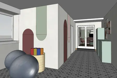 Przedpokój w stylu dopamine decor z eklektycznymi detalami, nowoczesne wykończenia.