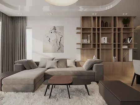 Nowoczesny salon w stylu glamour z szarymi meblami i drewnianą półką.