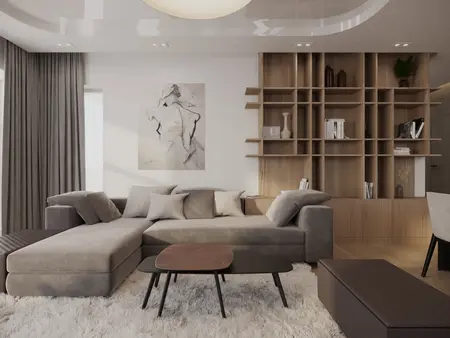 Nowoczesny salon w stylu glamour z szarymi meblami i drewnianą półką.