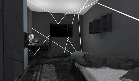 Wnętrze pokoju z biurkiem, telewizorem i nowoczesnym oświetleniem, styl dopamine decor, industrialny, współczesny.