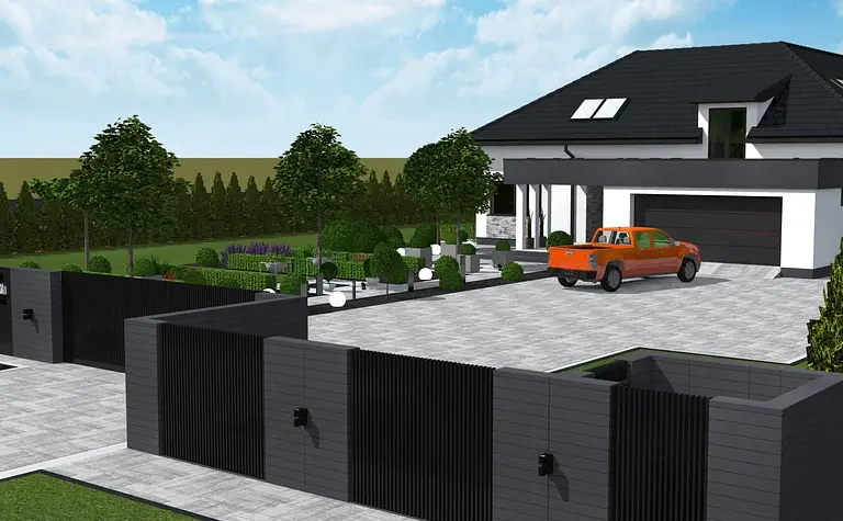 Widok na nowoczesny dom z ogrodem, styl industrialny, japandi, minimalistyczny, nowoczesny