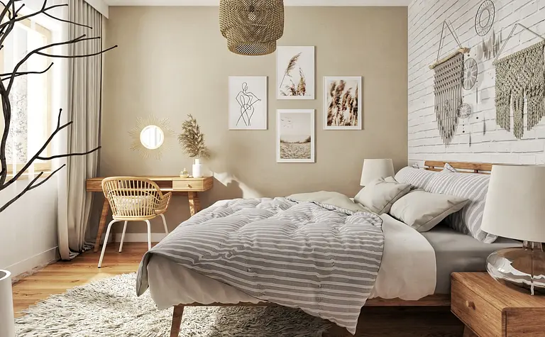Wnętrze sypialni w stylu boho, eklektycznym i rustykalnym z drewnianymi elementami.