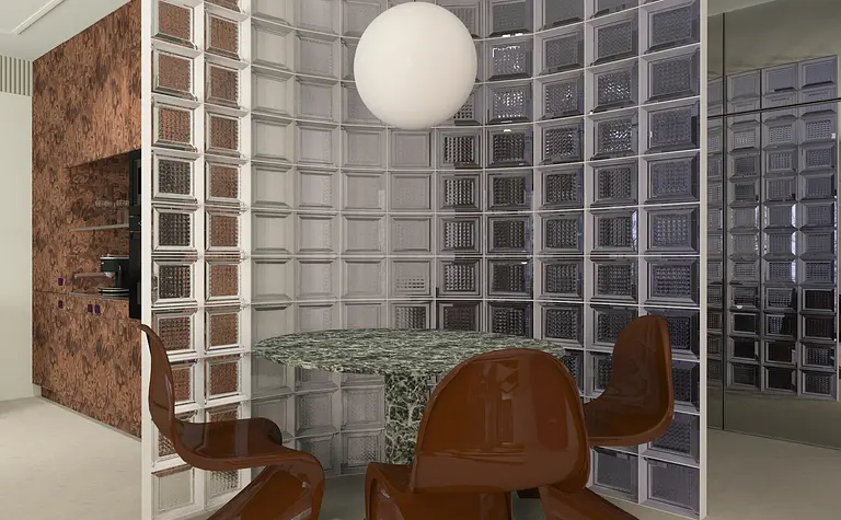 Wnętrze jadalni z brązowymi krzesłami i szklanym stołem w nowoczesnym stylu.