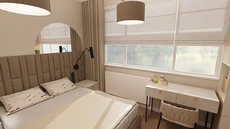 Wnętrze sypialni z minimalistycznym biurkiem, beżowym łóżkiem i nowoczesnymi lampami.