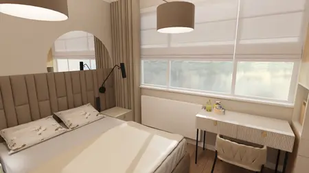 Wnętrze sypialni z minimalistycznym biurkiem, beżowym łóżkiem i nowoczesnymi lampami.