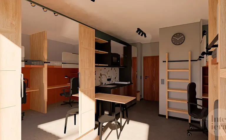 Wnętrze biura minimalistycznego z drewnianym biurkiem, nowoczesnymi krzesłami i współczesnymi detalami.