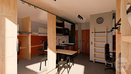 Wnętrze biura minimalistycznego z drewnianym biurkiem, nowoczesnymi krzesłami i współczesnymi detalami.