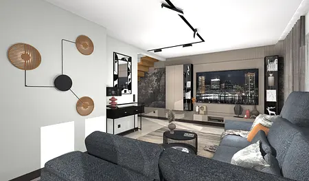 Nowoczesny salon z szarymi meblami, czarnymi dodatkami i panoramicznym widokiem.