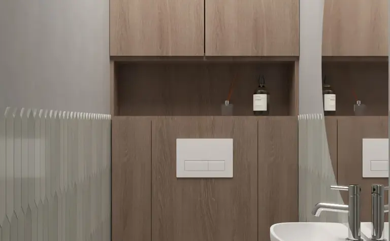 Minimalistyczna toaleta w stylu japandi z drewnianymi akcentami i eleganckim oświetleniem.