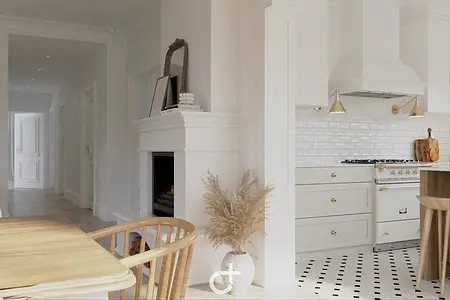 Wnętrze kuchni w stylu boho, nowoczesnym i vintage z białymi meblami.