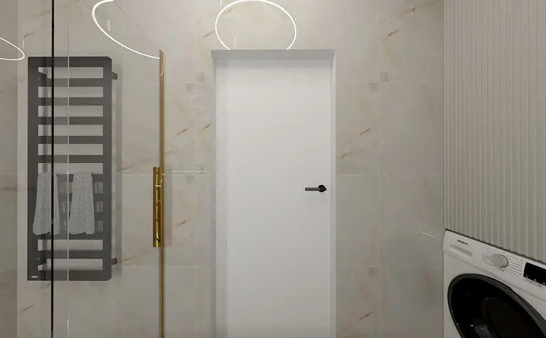 Nowoczesna łazienka w stylu art deco i glamour z białymi kaflami i złotymi detalami.