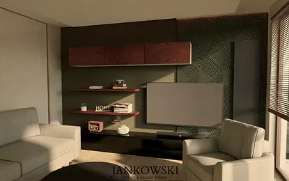 Wnętrze salonu z drewnianymi meblami, szarymi ścianami i dekoracjami w stylu eklektycznym.