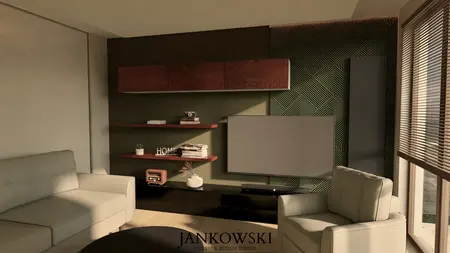 Wnętrze salonu z drewnianymi meblami, szarymi ścianami i dekoracjami w stylu eklektycznym.
