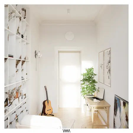 Wnętrze w stylu soft minimalizm z meblami vintage, regałem i rośliną.
