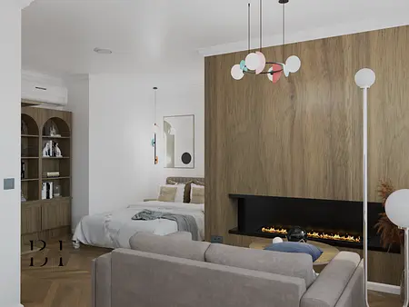 Wnętrze sypialni z minimalistycznym designem, drewnianą ścianą i nowoczesnymi akcentami.