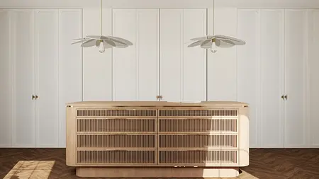 Wnętrze z meblem z drewna, białymi ścianami, styl art deco, eklektyczny, soft minimalizm.