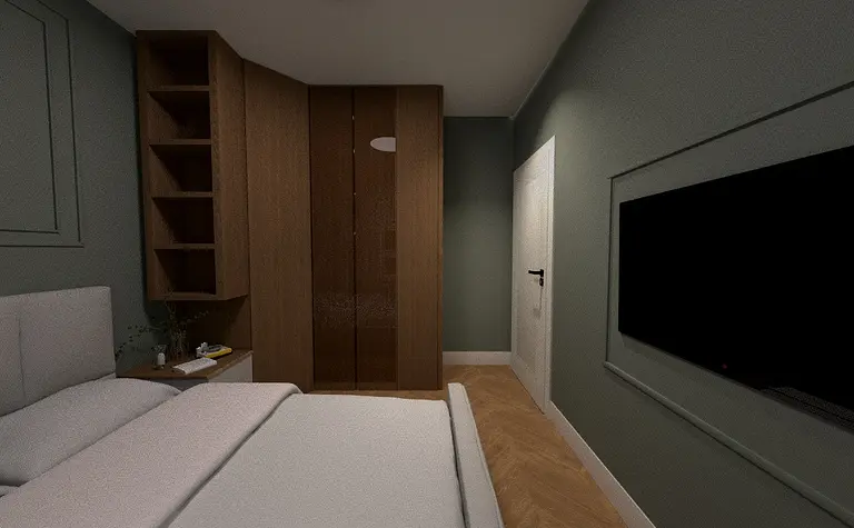 Współczesna sypialnia z brązową szafą i szarymi ścianami.