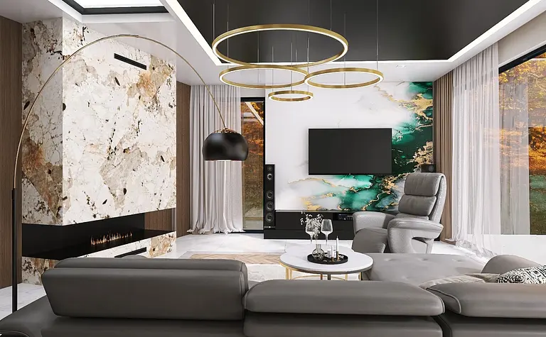 Nowoczesny salon w stylu glamour z zielonymi akcentami i eleganckim wystrojem.