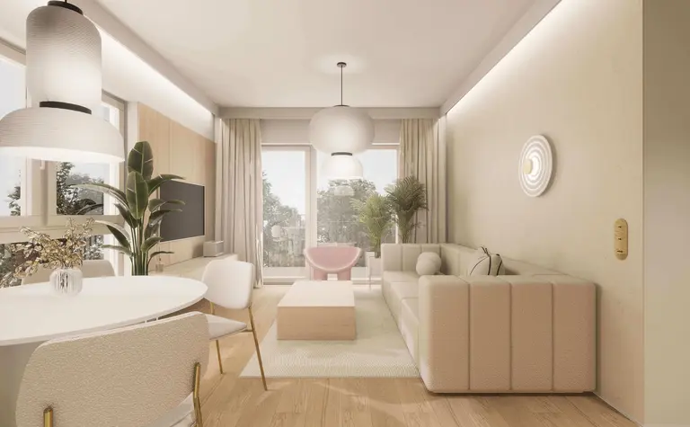 Wnętrze salonu w stylu japandi, minimalistycznym, nowoczesnym, quiet luxury.