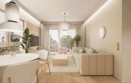 Wnętrze salonu w stylu japandi, minimalistycznym, nowoczesnym, quiet luxury.