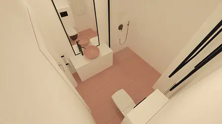 Wnętrze łazienki w stylu minimalistycznym i współczesnym z różowymi elementami.