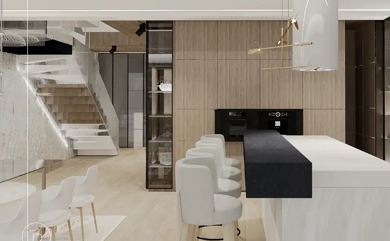 Wnętrze kuchni z drewnianymi elementami, minimalistyczny, nowoczesny, współczesny design