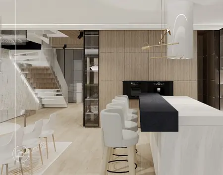 Wnętrze kuchni z drewnianymi elementami, minimalistyczny, nowoczesny, współczesny design
