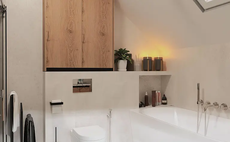 Wnętrze łazienki z drewnianymi szafkami i wanną.