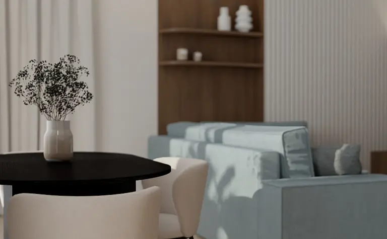 Współczesne wnętrze salonu z jasnym stołem i sofa, drewniane akcenty.