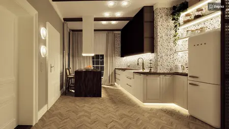 Wnętrze kuchni z białymi meblami, drewnianą podłogą i roślinami, styl dopamine decor.