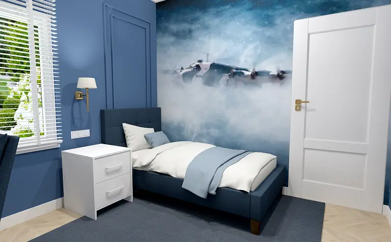 Wnętrze pokoju z niebieskimi ścianami, białym łóżkiem i oknem