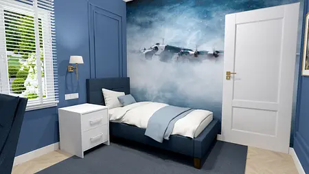 Wnętrze pokoju z niebieskimi ścianami, białym łóżkiem i oknem