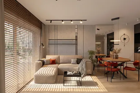 Wnętrze minimalistycznego salonu z beżową sofą, drewnianym stołem i roślinami.