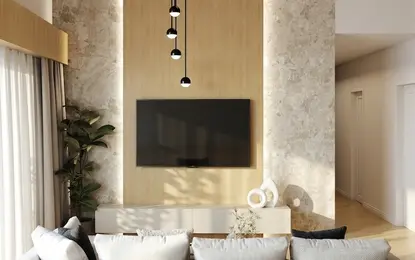 Wnętrze salonu w stylu minimalistycznym z jasną sofą, drewnianą ścianą i roślinnością.